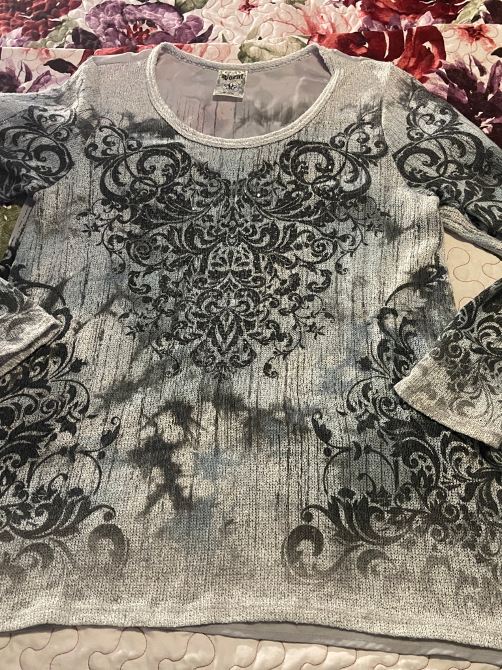 Vocal USA Gray and Black Leflur Printed Long-Sleeve sweater front